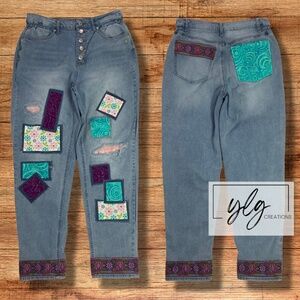 Nobo Jeans Patchwork Boho Distressed Flower Teal Pink Button Fly Junior 11